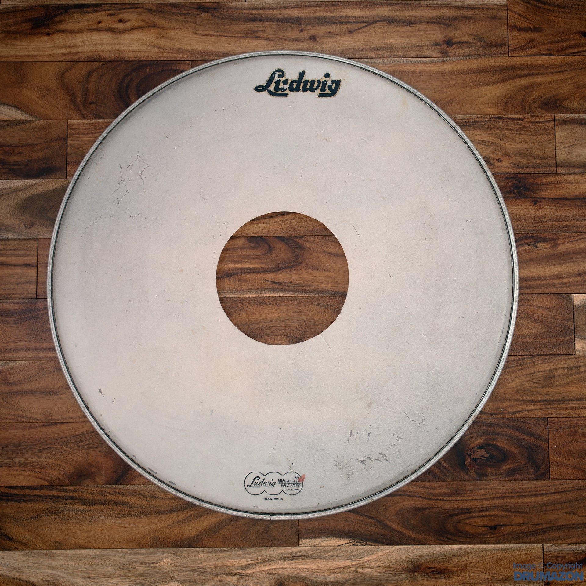LUDWIG 22 WEATHERMASTER VINTAGE BASS DRUM LOGO HEAD PRE LOVED Drumazon