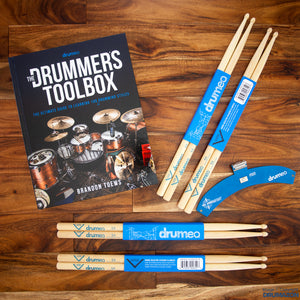 DRUMEO DRUMMERS TOOLBOX BOOK WITH VATER 5A STOCKS X 4 & M80 SNAREWEIGHT PACAKAGE
