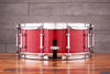 EVETTS 14 X 5.5 SPOTTED GUM SNARE DRUM, CHERRY RED STAIN OVER SILKY OAK GLOSS VENEER