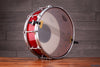 EVETTS 14 X 5.5 SPOTTED GUM SNARE DRUM, CHERRY RED STAIN OVER SILKY OAK GLOSS VENEER
