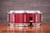 EVETTS 14 X 5.5 SPOTTED GUM SNARE DRUM, CHERRY RED STAIN OVER SILKY OAK SMOOTH SATIN VENEER