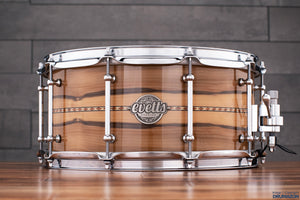 EVETTS 14 X 6.5 JARRAH SNARE DRUM, BLACKHEART SASSAFRAS GLOSS WITH INLAY