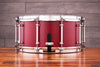 EVETTS 14 X 6.5 SPOTTED GUM SNARE DRUM, CHERRY RED STAIN OVER SILKY OAK SMOOTH SATIN VENEER