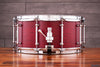 EVETTS 14 X 6.5 SPOTTED GUM SNARE DRUM, CHERRY RED STAIN OVER SILKY OAK SMOOTH SATIN VENEER