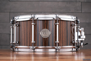 EVETTS 14 X 6.5 TASMANIAN BLACKWOOD SNARE DRUM, EBONY MAKASSAR VERTICAL GLOSS VENEER