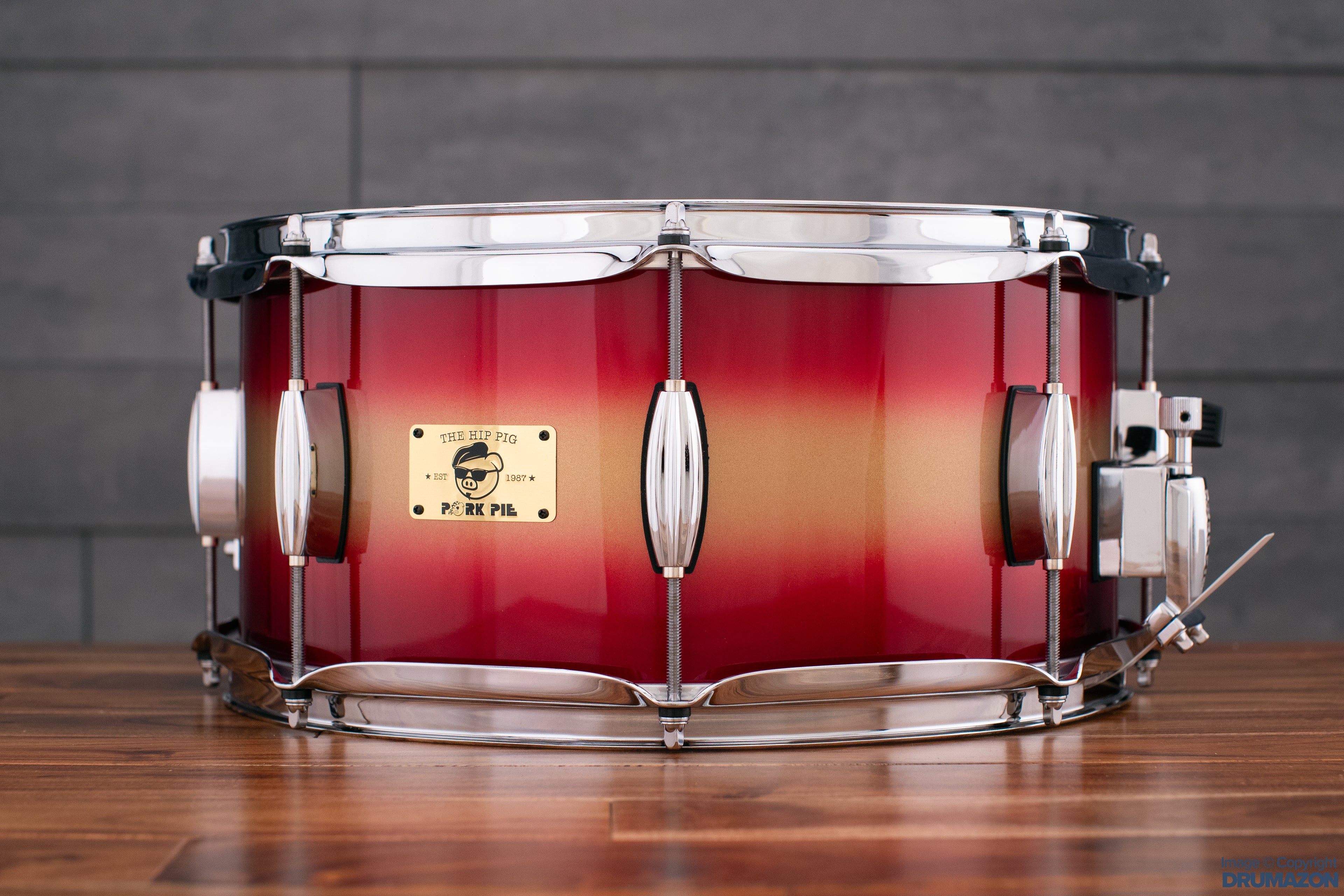PORK PIE 14 X 6.5 HIP PIG SNARE DRUM RED GOLD DUCO Drumazon