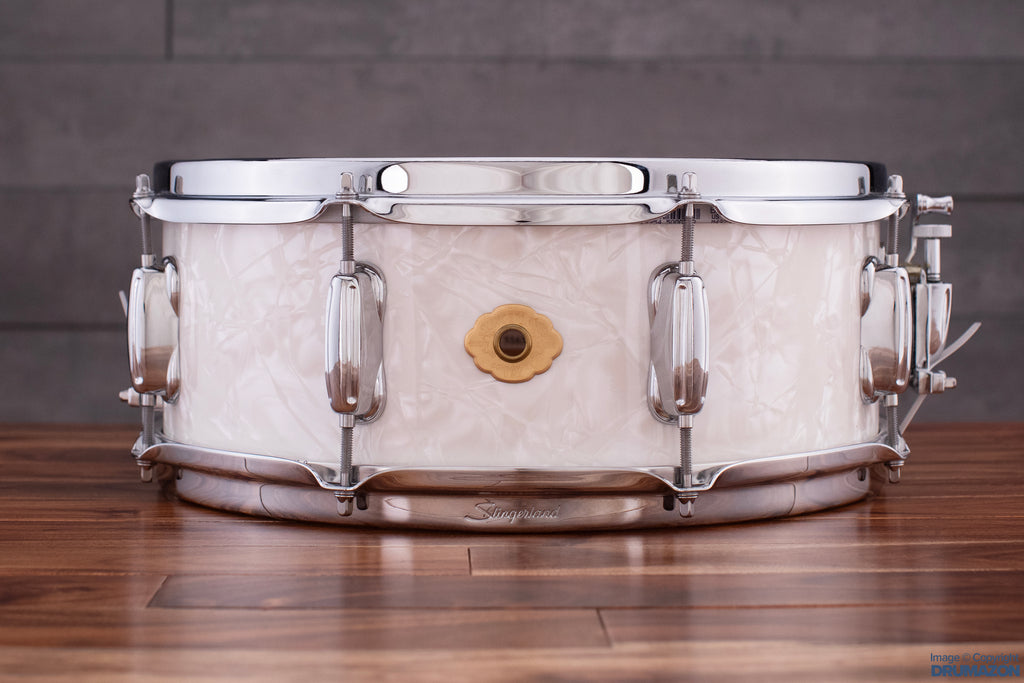SLINGERLAND 14 X 5.5 RADIO KING SOLID MAPLE SNARE DRUM, WHITE MARINE PEARL