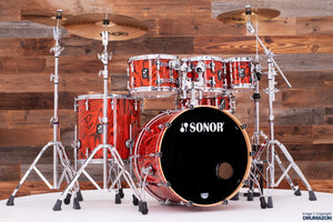 SONOR PROLITE 6 PIECE DRUM KIT, VINTAGE MAPLE SHELL, FIERY RED EXOTIC VENEER (PRE-LOVED)