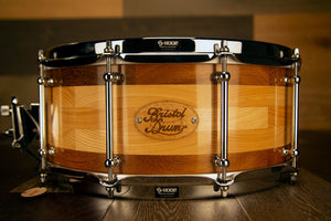 BRISTOL DRUM CO 14 X 6 ASH / IROKO SEGMENTED SOLID WOOD SNARE DRUM