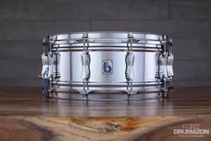 BRITISH DRUM COMPANY 14 X 6 BLUEBIRD DOUBLE BEADED CHROME OVER BRASS SNARE DRUM