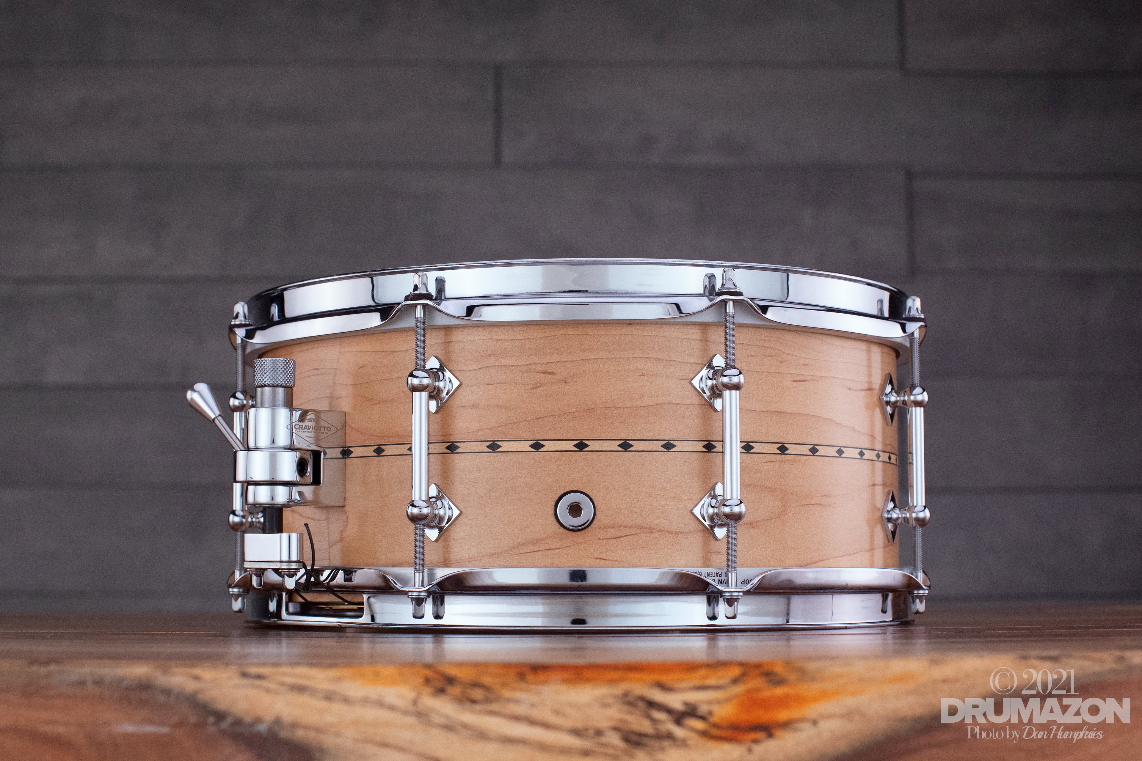 CRAVIOTTO 13 X 5.5 CUSTOM SHOP MAPLE SNARE DRUM WITH MAPLE INLAY 