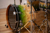 DS REBEL CUSTOM SHOP BIRCH / MAHOGANY 5 PIECE DRUM KIT, EXOTIC MAPA BURL GREEN TO NATURAL FADE LACQUER (THE RHYTHM REVIEW KIT)