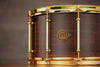 EVETTS 14 X 8 JARRAH SNARE DRUM, SMOKED EUCALYPUT, GOLD FITTINGS