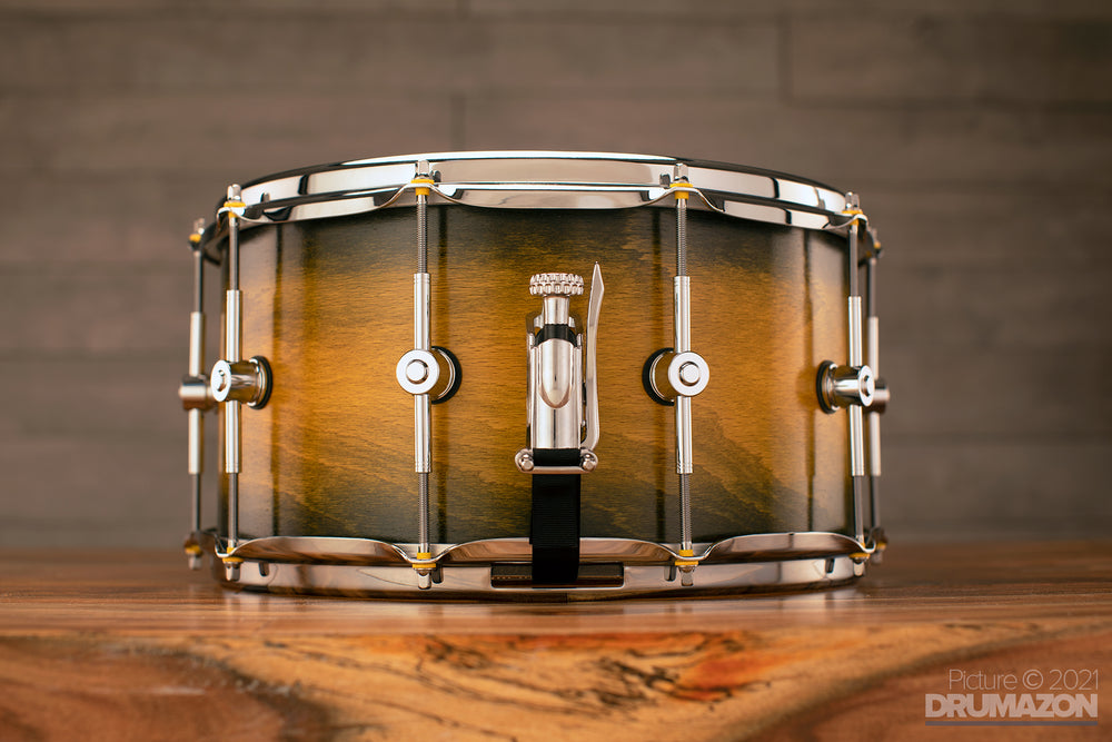 HENDRIX HD CUSTOM 14 X 7.5 BEECH SNARE DRUM GREY TO YELLOW BURST