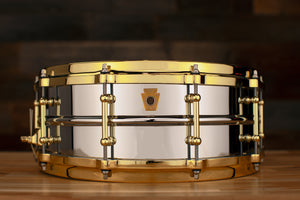 LUDWIG 14 X 5 LB400BBTWM CHROME ON BRASS SNARE DRUM, GOLD FITTINGS, DIECAST HOOPS