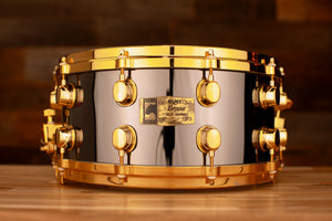 MAPEX BLACK PANTHER 14 X 6.5 NICKEL ON BRASS SNARE DRUM, GOLD PLATED FITTINGS, DIE CAST HOOPS (PRE-LOVED)