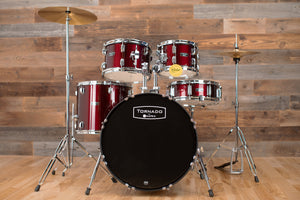 MAPEX TORNADO 3 ROCK / FUSION 5 PIECE DRUM KIT, BURGUNDY RED WITH HARDWARE, CYMBALS AND STOOL