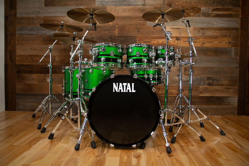 NATAL CAF RACER 7 PIECE CUSTOM ORDER DRUM KIT GREEN SPARKLE WITH