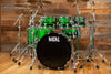 NATAL CAFÉ RACER 7 PIECE CUSTOM ORDER DRUM KIT, GREEN SPARKLE WITH BLACK SPARKLE DOUBLE SPLIT (PRE-LOVED)