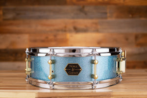 NOBLE & COOLEY 14 X 4.75 WALNUT PLY SNARE DRUM AQUA SPARKLE LACQUER, BRASS LUGS, CHROME HOOPS