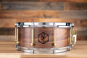 NOBLE & COOLEY 14 X 6 SS CLASSIC SOLID SHELL WALNUT SNARE DRUM, CLEAR OIL, WOOD BURN LOGO