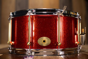 NOBLE & COOLEY 14 X 7 SS CLASSIC SOLID SHELL WALNUT SNARE DRUM, RED SPARKLE LACQUER, BRASS LUGS