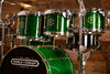 NOBLE & COOLEY HORIZON SERIES 5 PIECE DRUM KIT, TRANSLUCENT GREEN GLOSS,  BRASS LUGS, NATURAL REVEAL BADGES