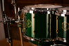 NOBLE & COOLEY HORIZON SERIES 5 PIECE DRUM KIT, TRANSLUCENT GREEN GLOSS,  BRASS LUGS, NATURAL REVEAL BADGES