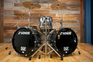SONOR SQ2 4 PIECE DRUM KIT, BLACK SILVER SPARKLE FADE LACQUER WITH CHROME / BLACK CHROME FITTINGS (PRE-LOVED)