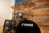 SONOR SQ2 4 PIECE DRUM KIT, BLACK SILVER SPARKLE FADE LACQUER WITH CHROME / BLACK CHROME FITTINGS (PRE-LOVED)