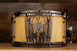 VARUS 14 X 7 MAHOGANY SHELL SNARE DRUM WITH ROYAL EBONY OUTER PLY, BLACK NICKEL FITTINGS, DIECAST HOOPS